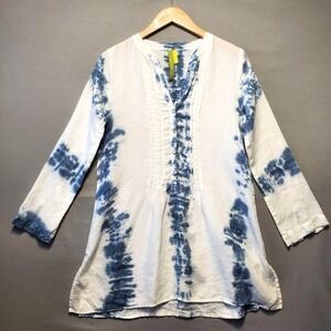Green Dragon 100% Linen Tie Dye Tunic Top Womens XS White Blue Boho Resort USA